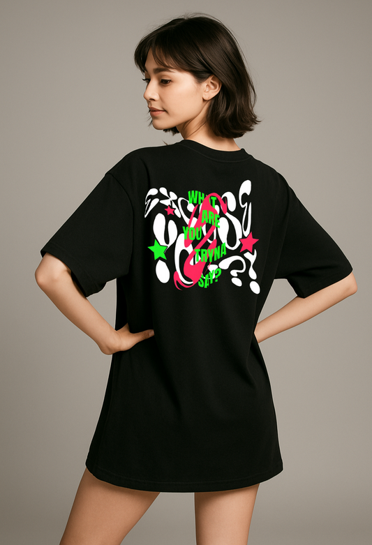 Black : Round Neck Drop Sleeved Tee For Men and Women